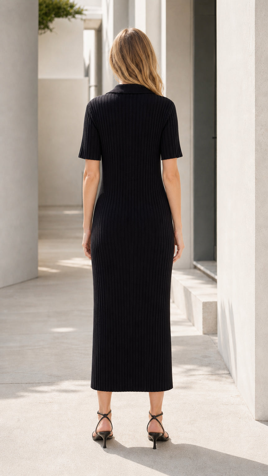 Women's Ribbed Knit Polo Midi Dress