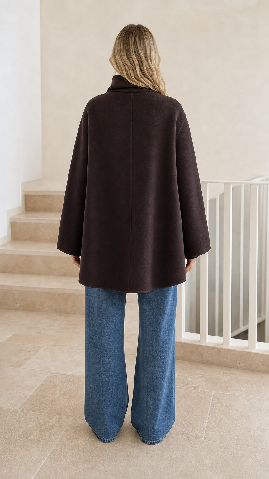 Back view of dark brown jacket showing relaxed hemline