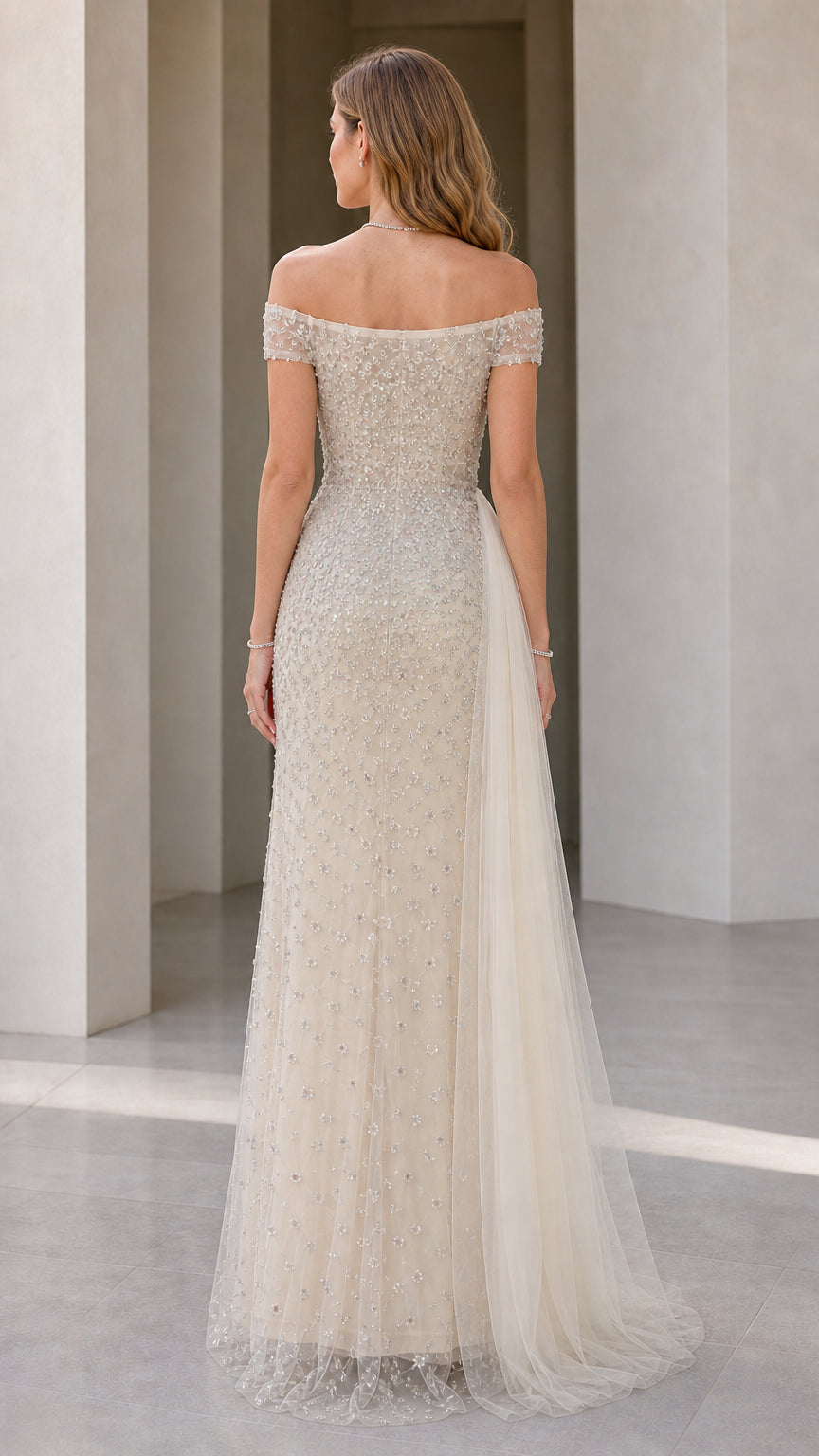 Back view showcasing tulle overskirt drape