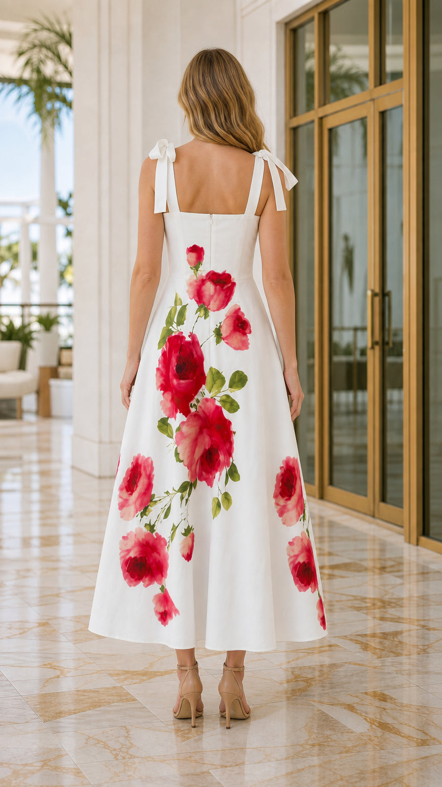 Women's Square Neck Floral Print Tie-Strap Maxi Dress