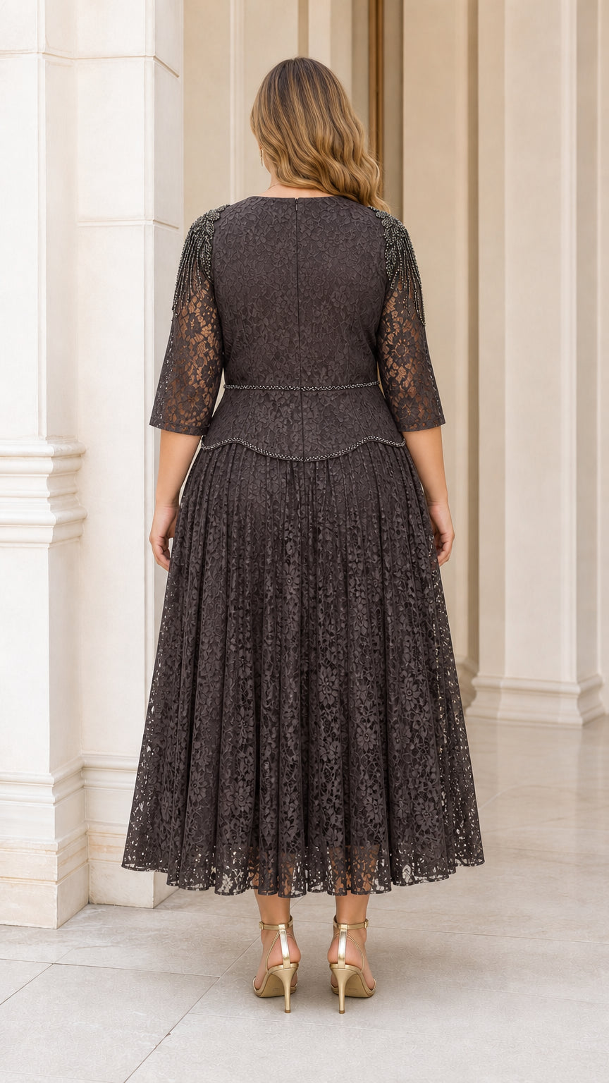 Back view of plus size dark charcoal lace dress showing midi length