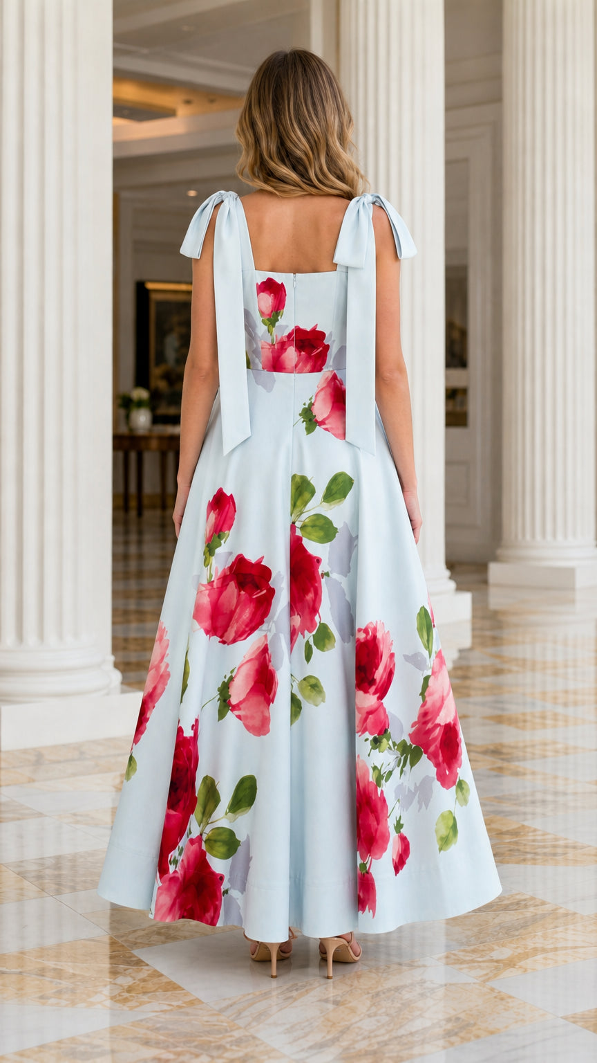 Women's Elegant Floral Print Tie-Strap Maxi Dress
