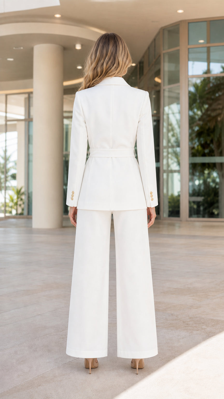 Women's Elegant Belted Blazer and Wide-Leg Pants Two-Piece Set