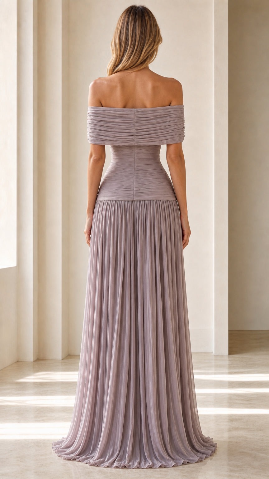Back view of lavender pleated formal gown