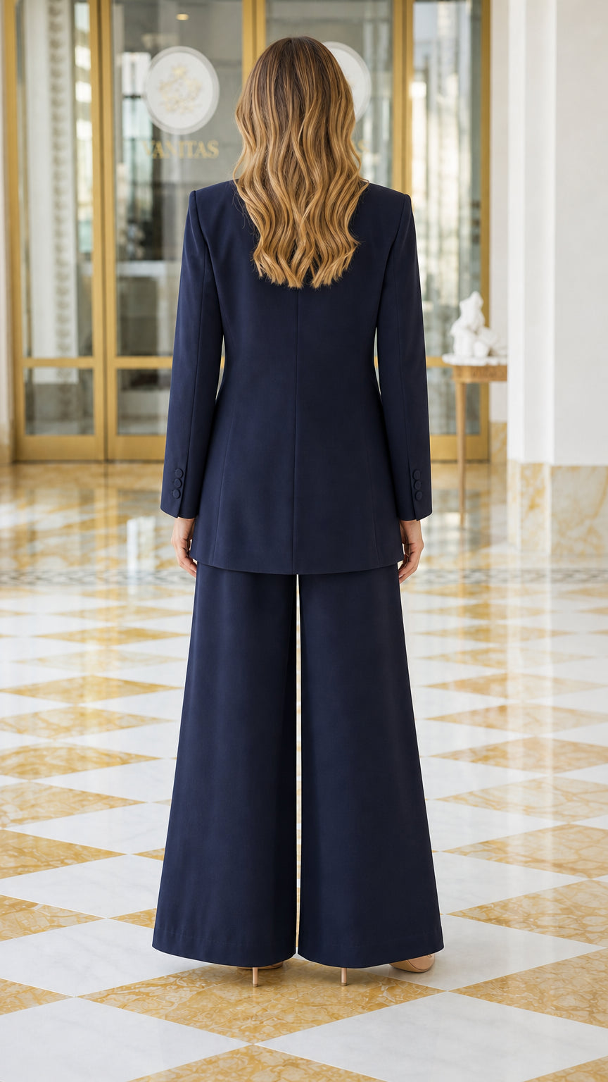 Women's Floral Brooch Blazer and Wide-Leg Pants Suit Set
