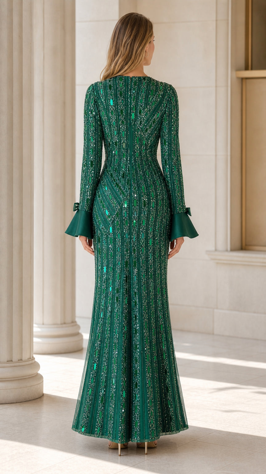 Back view of green sequin gown with structured fit
