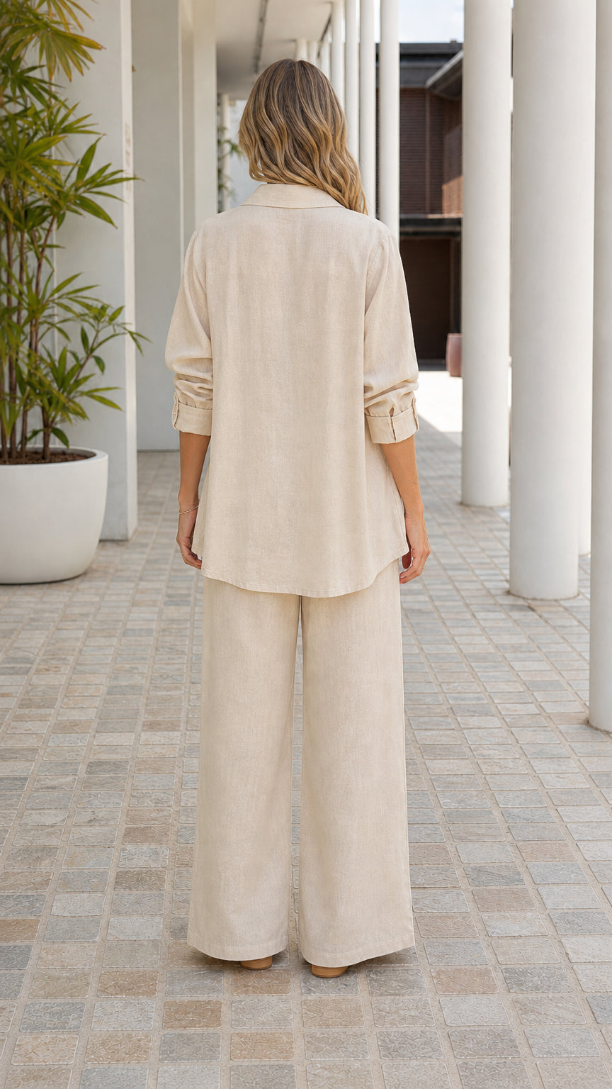 Women's 3-Piece Linen Blend Button-Down Shirt, Cami, and Wide-Leg Pants Set
