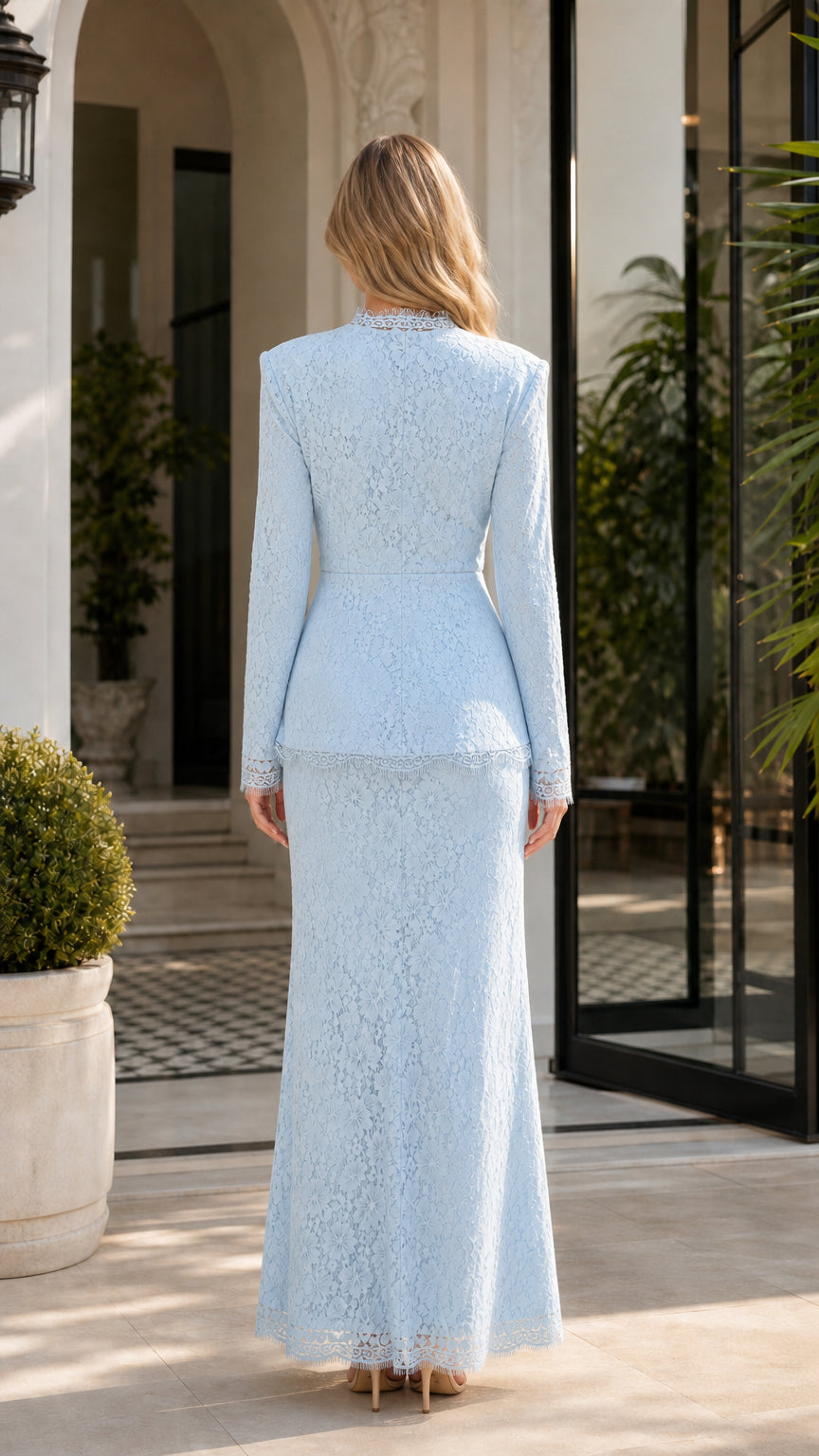 Back view of light blue lace maxi dress