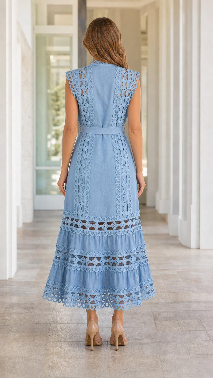 Women's Sleeveless Eyelet Lace Midi Dress with Self-Tie Belt