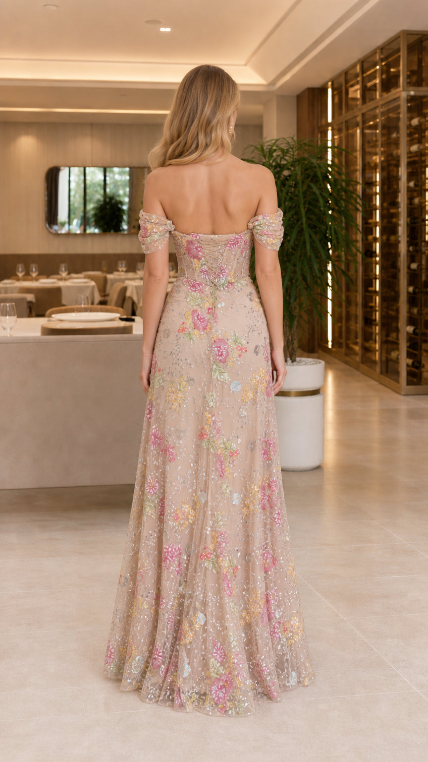Back view of Champagne evening gown