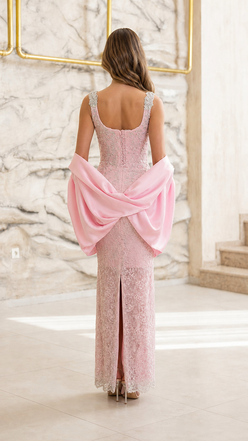 Back view showcasing back slit and draped pink shawl