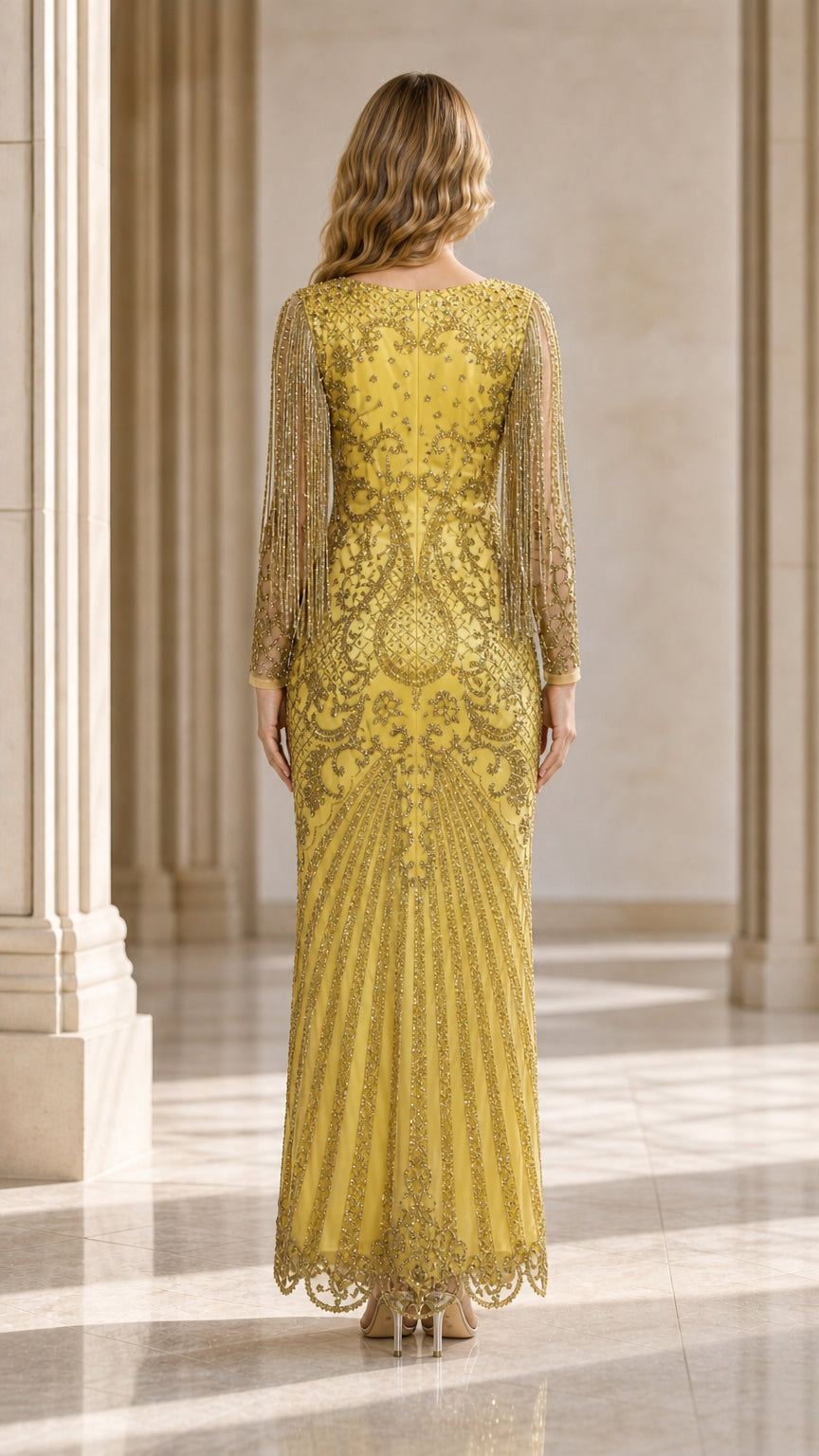 Back view of yellow beaded evening gown