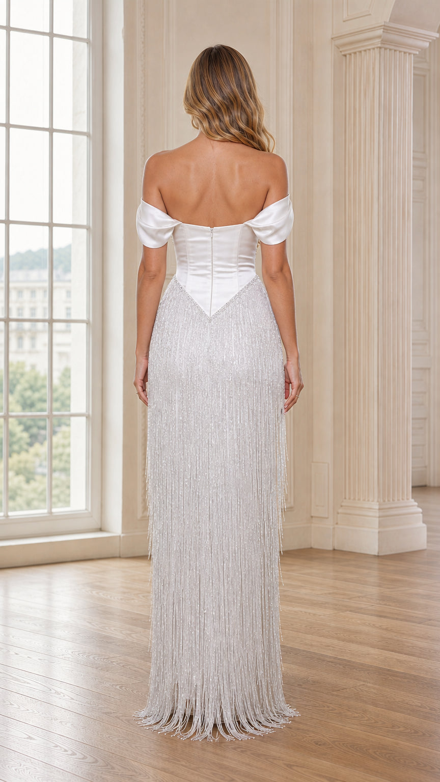 Back view of silver evening gown with structured satin bodice