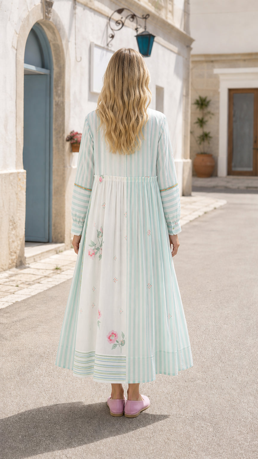 Women's Patchwork Stripe & Floral Long Sleeve Maxi Cardigan Dress Set