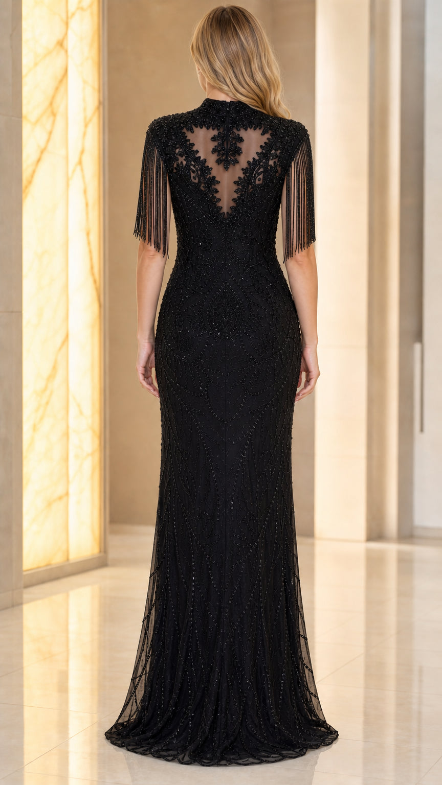 Back view of black formal dress with sheer back details