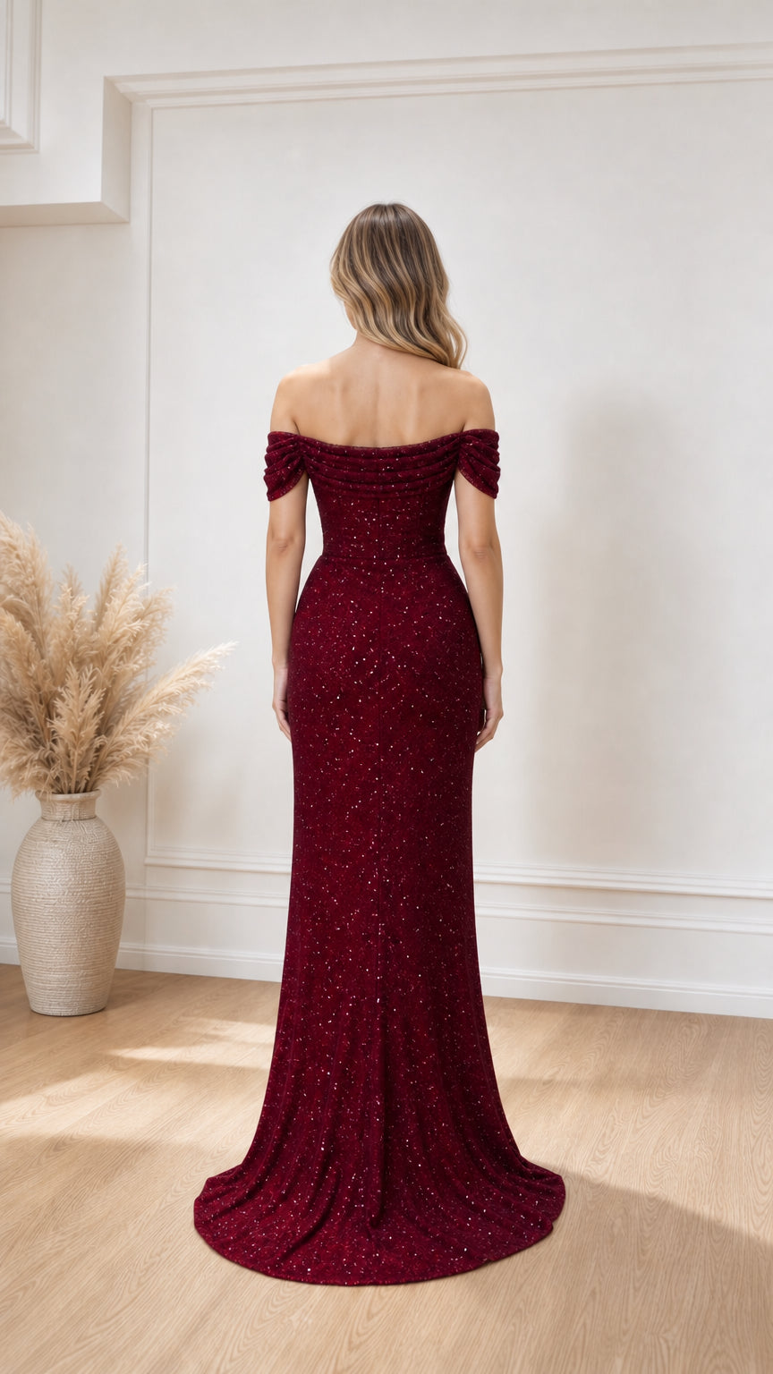 Back view of burgundy floor-length evening dress