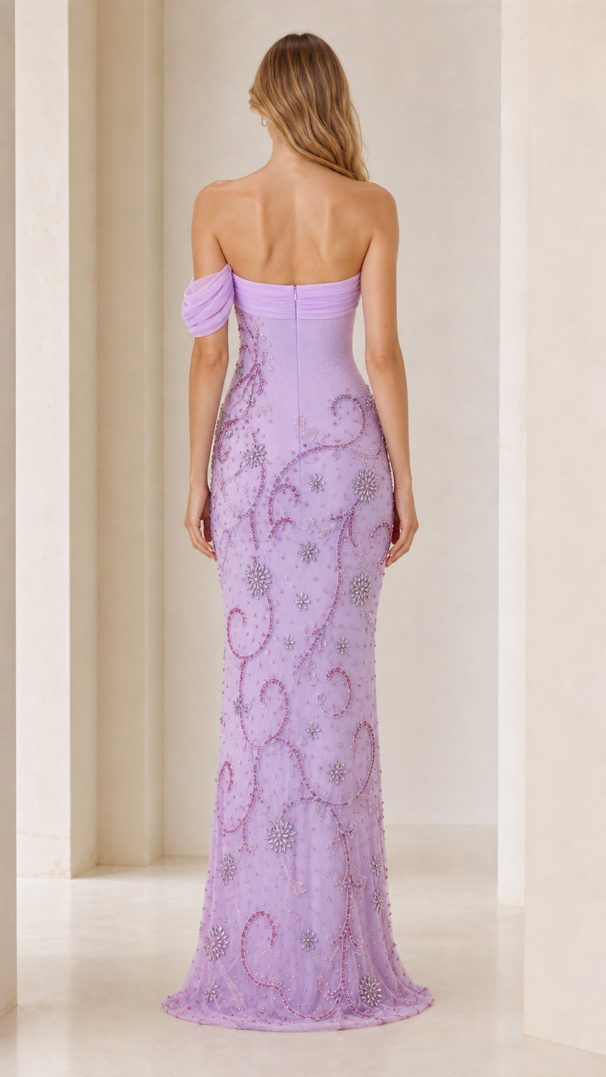 Back view of model in lilac formal evening gown