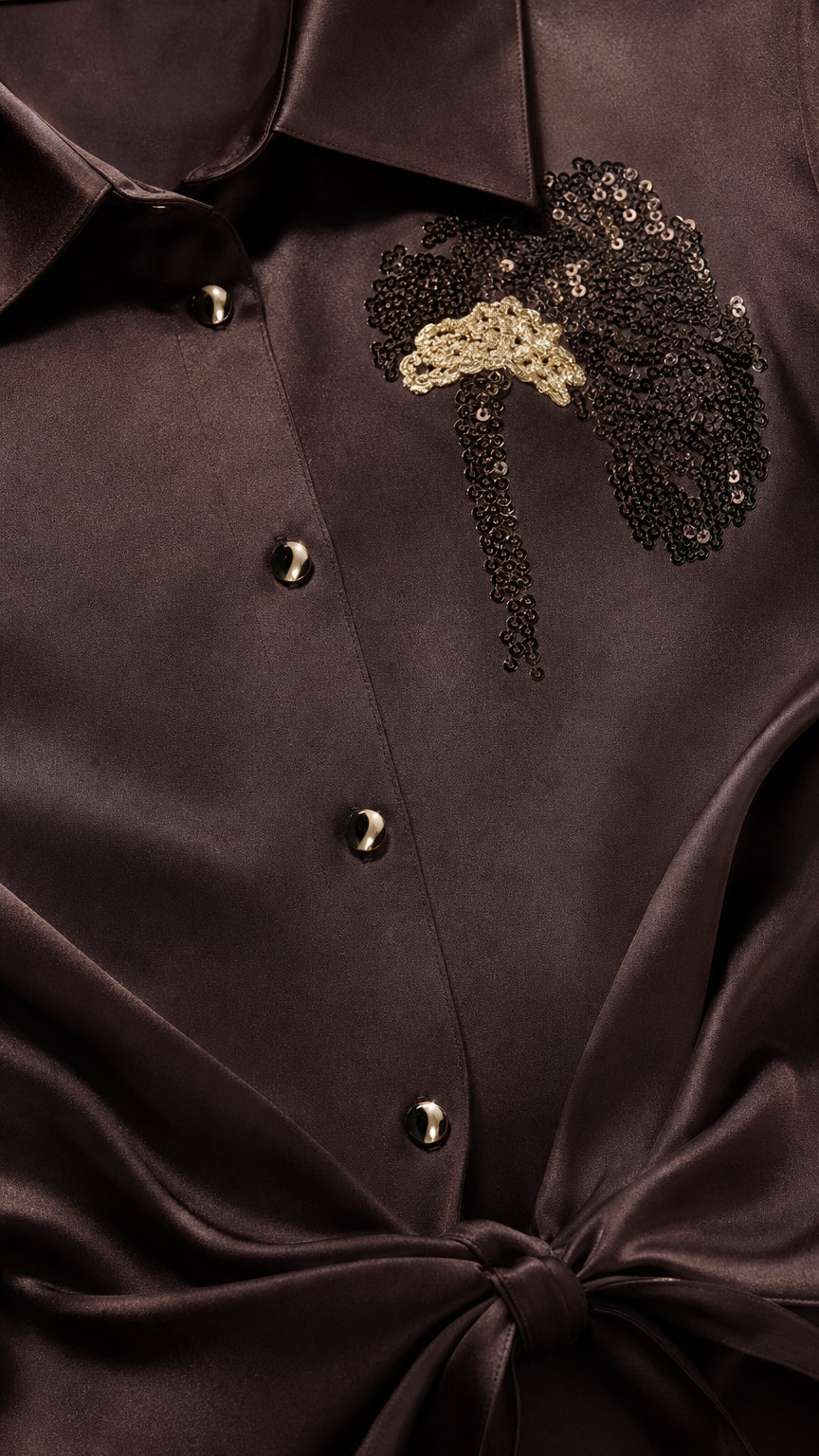 Close-up of dark brown satin blouse collar, buttons, tie waist, and sequin applique
