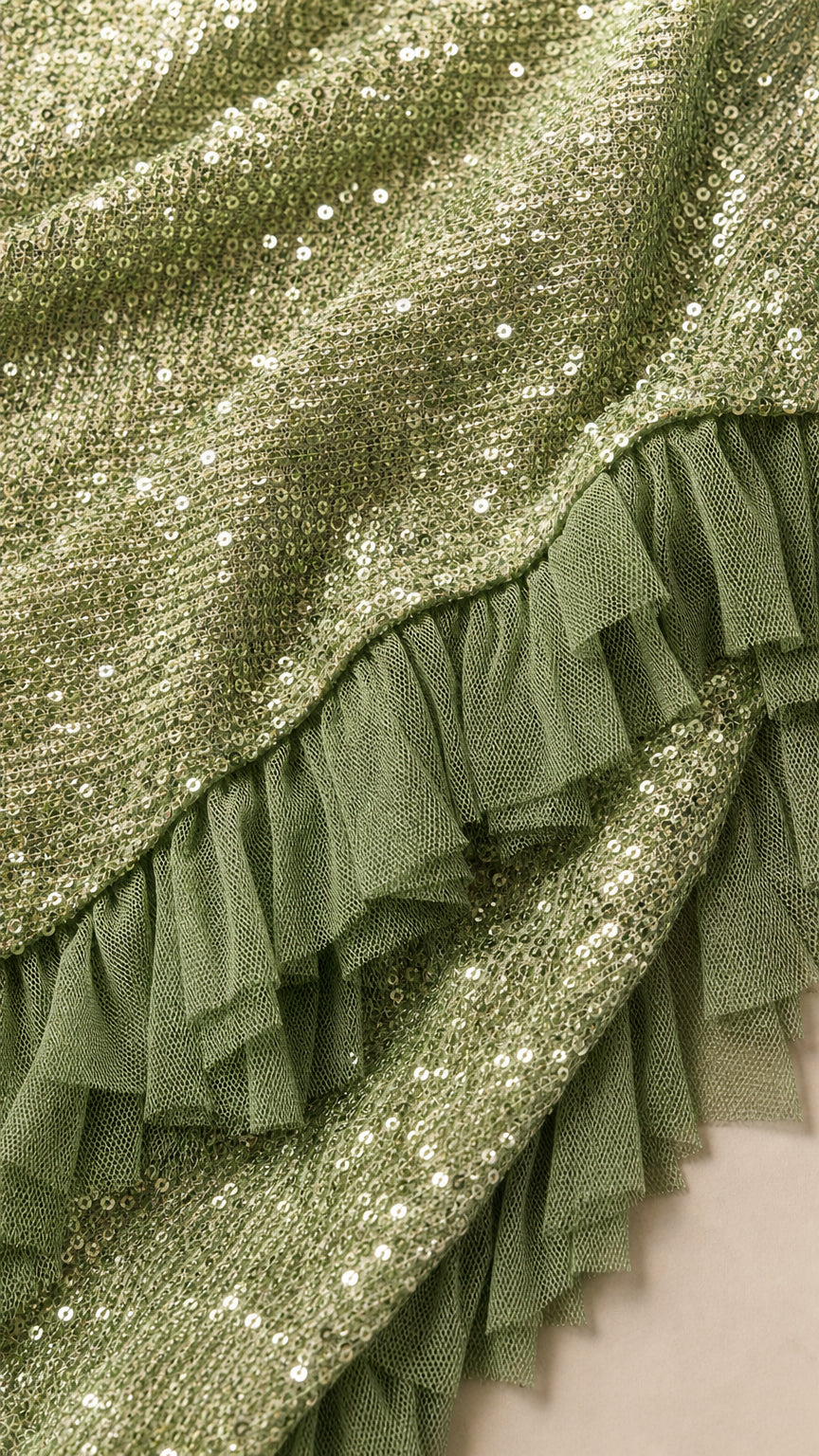 Close-up detail of green sequins and mesh ruffle trim