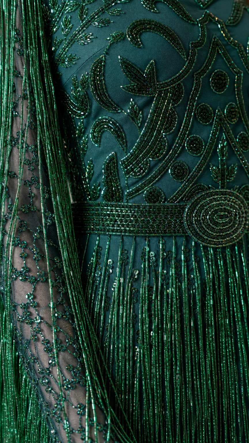 Close-up detail of bodice embroidery and fringe on emerald gown
