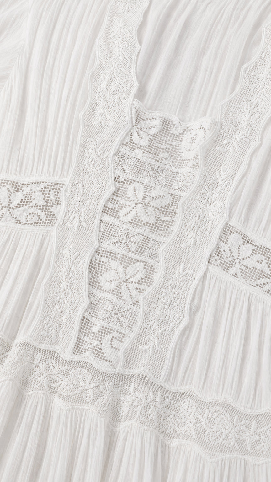 Close-up detail of white fabric texture and crochet lace panels