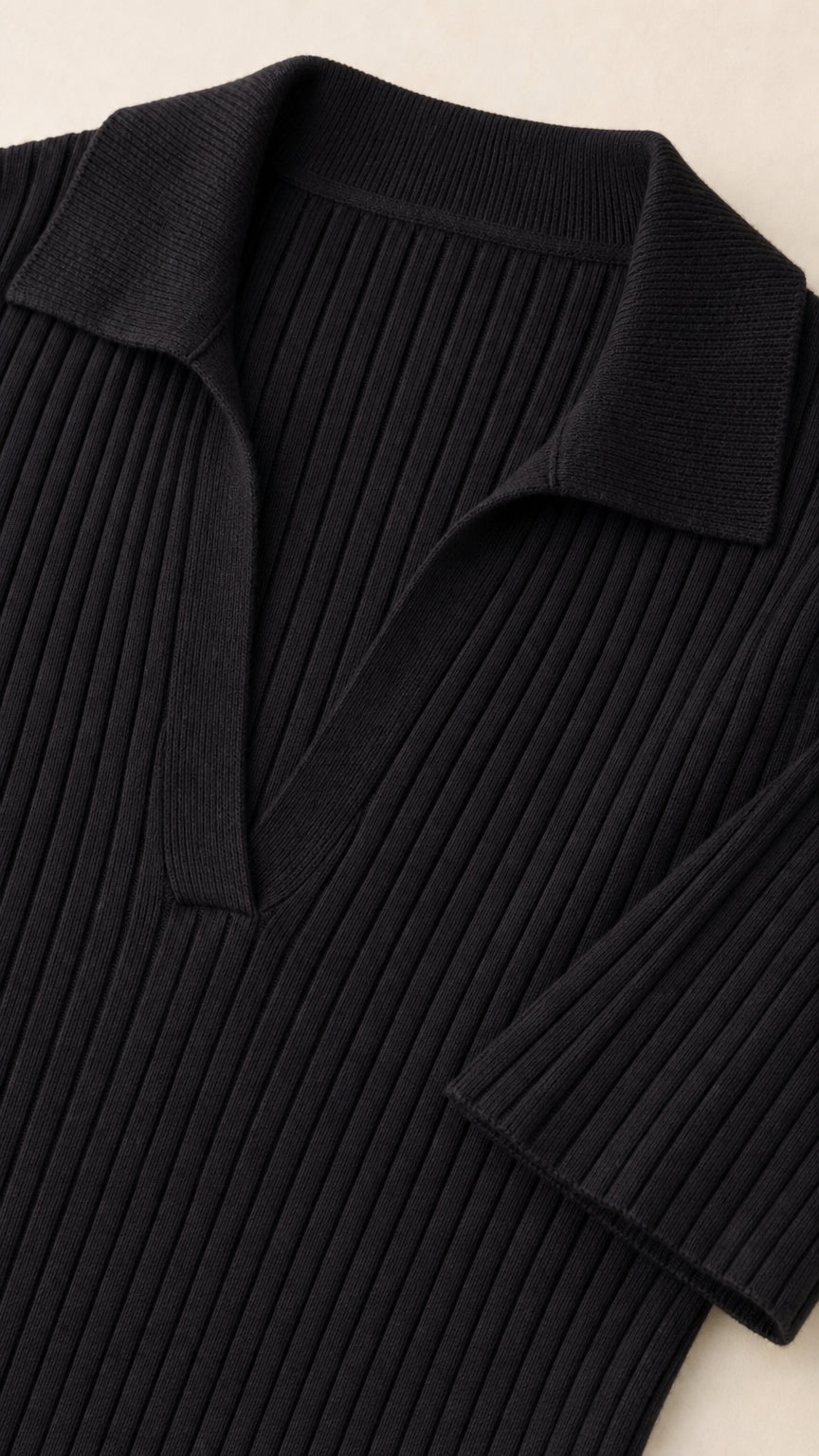 Women's Ribbed Knit Polo Midi Dress