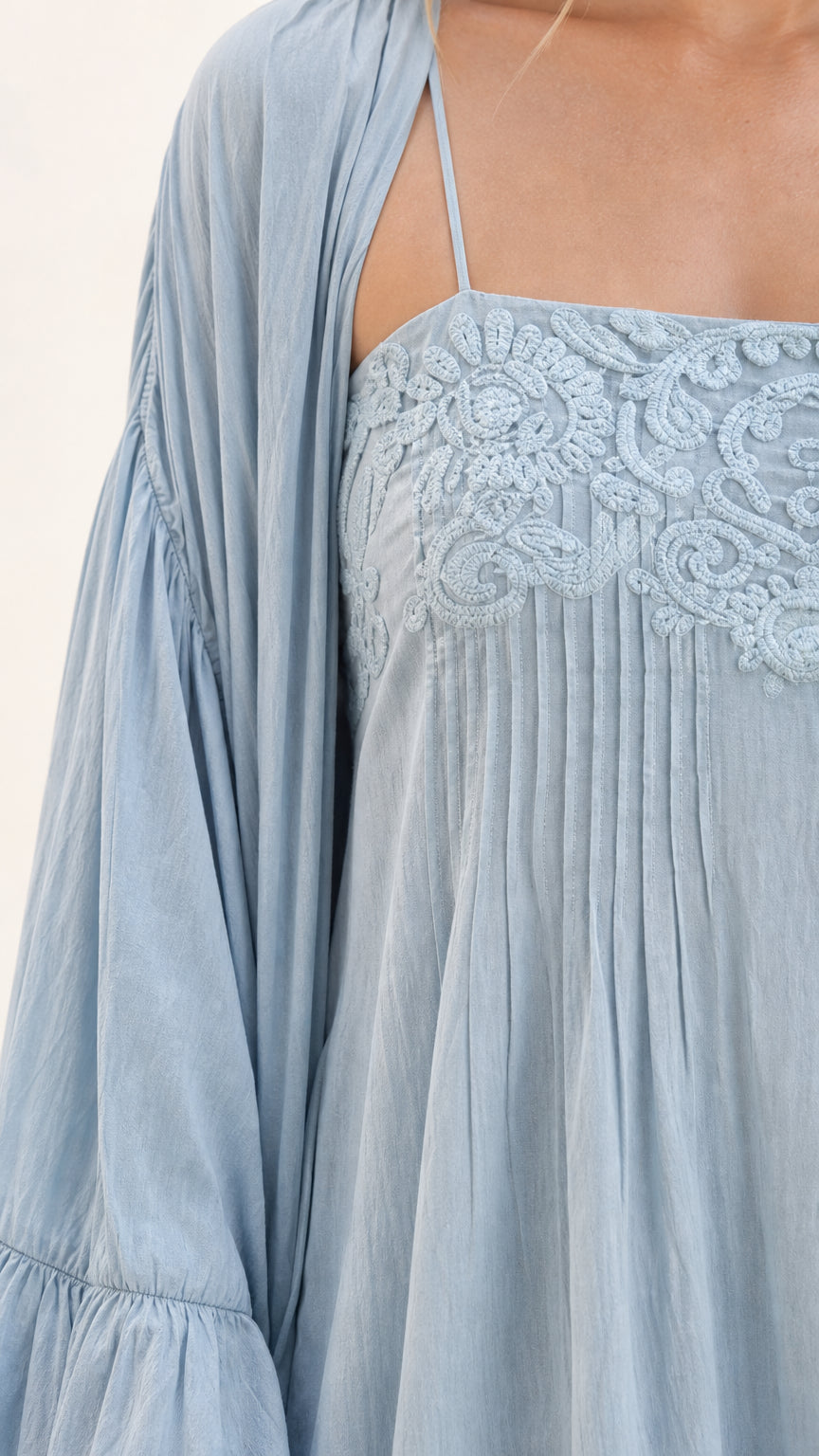 Close up of lace bodice and spaghetti straps on light blue dress