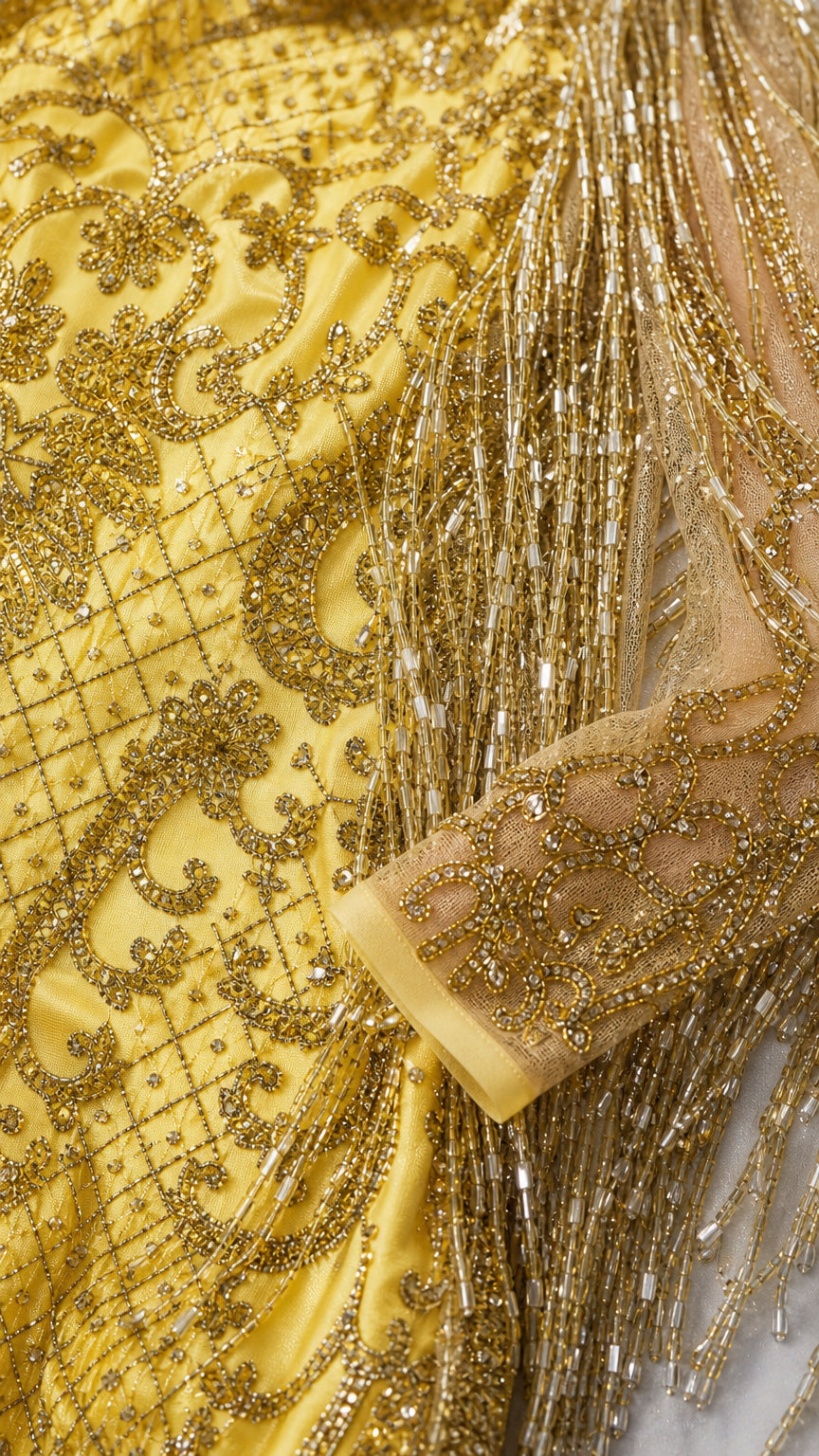 Close-up detail of beadwork and fringe sleeves