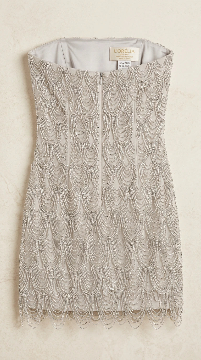 Close-up flat lay of silver beaded fringe dress showing back zipper and lining