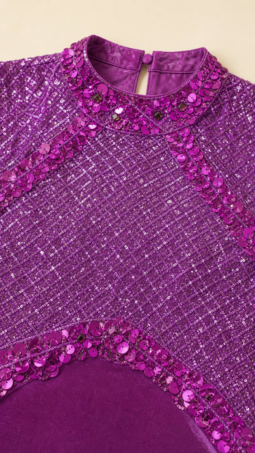 Close-up of sequin high neckline and bodice detailing