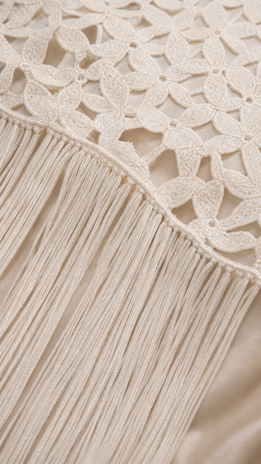 Close-up detail of white lace pattern and fringe hem