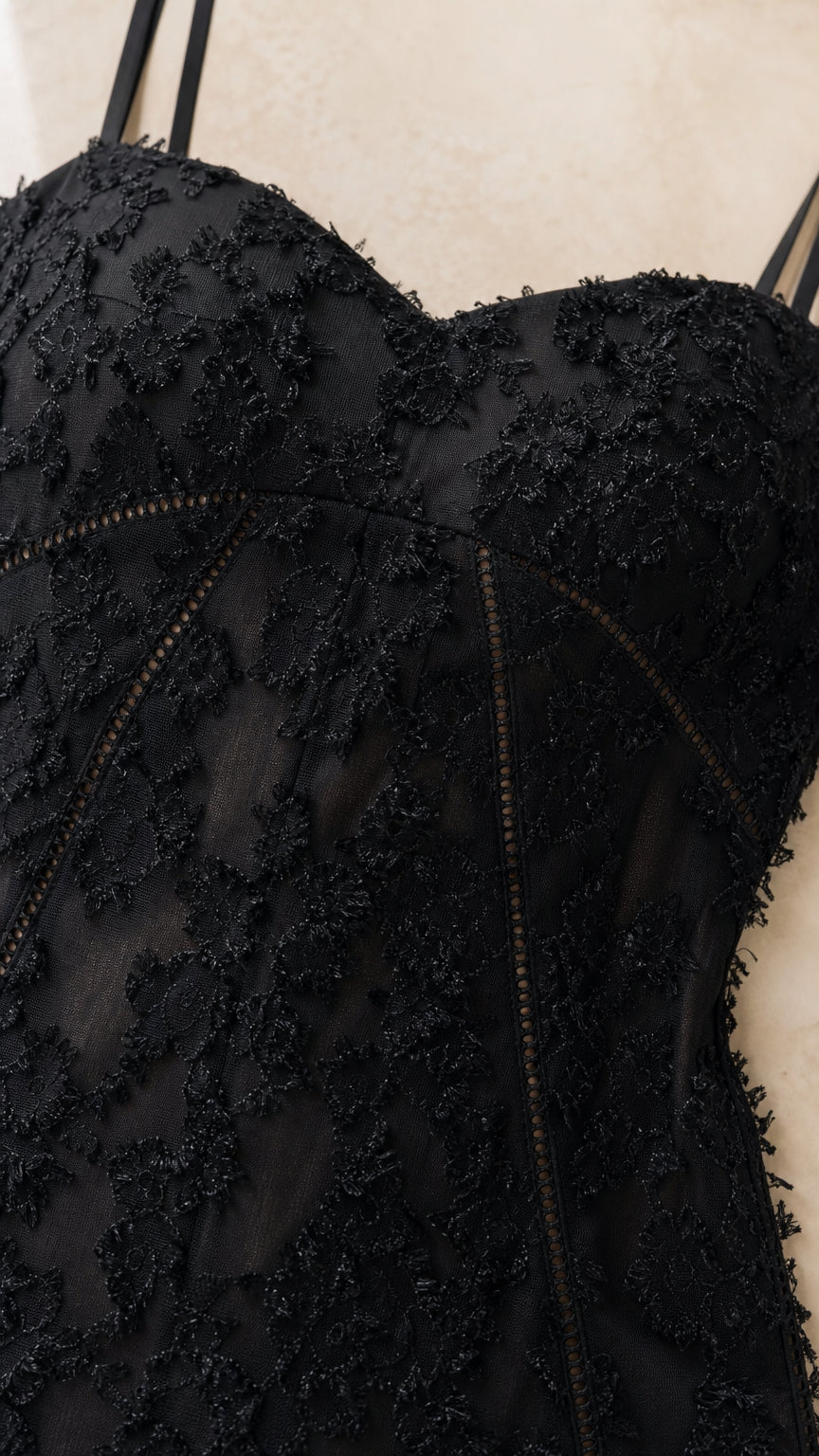 Close-up detail of black lace bodice and straps