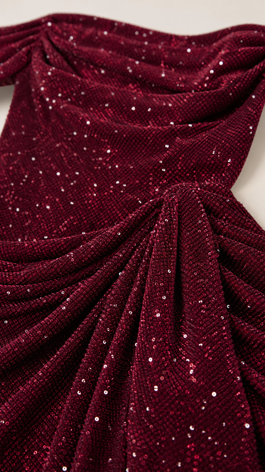 Close-up of sparkling burgundy textured fabric