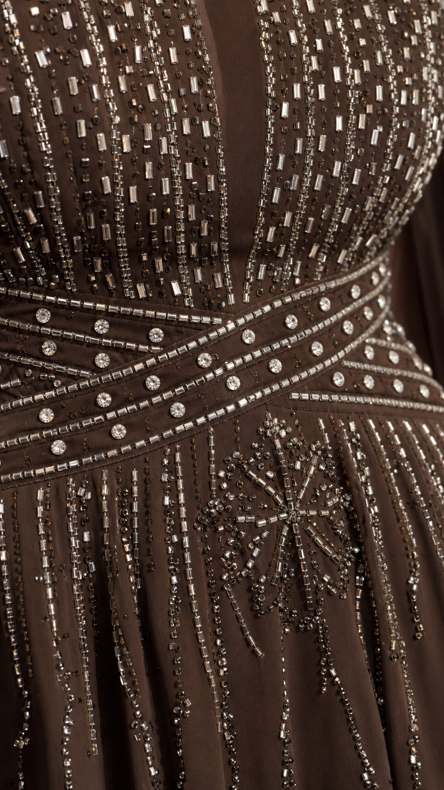 Close-up of intricate crystal beadwork and waistband