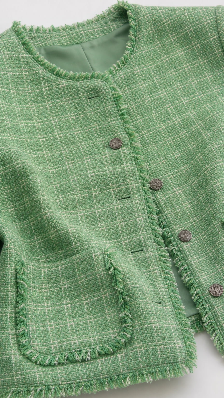 Classic Fringe-Trim Tweed Button-Front Jacket