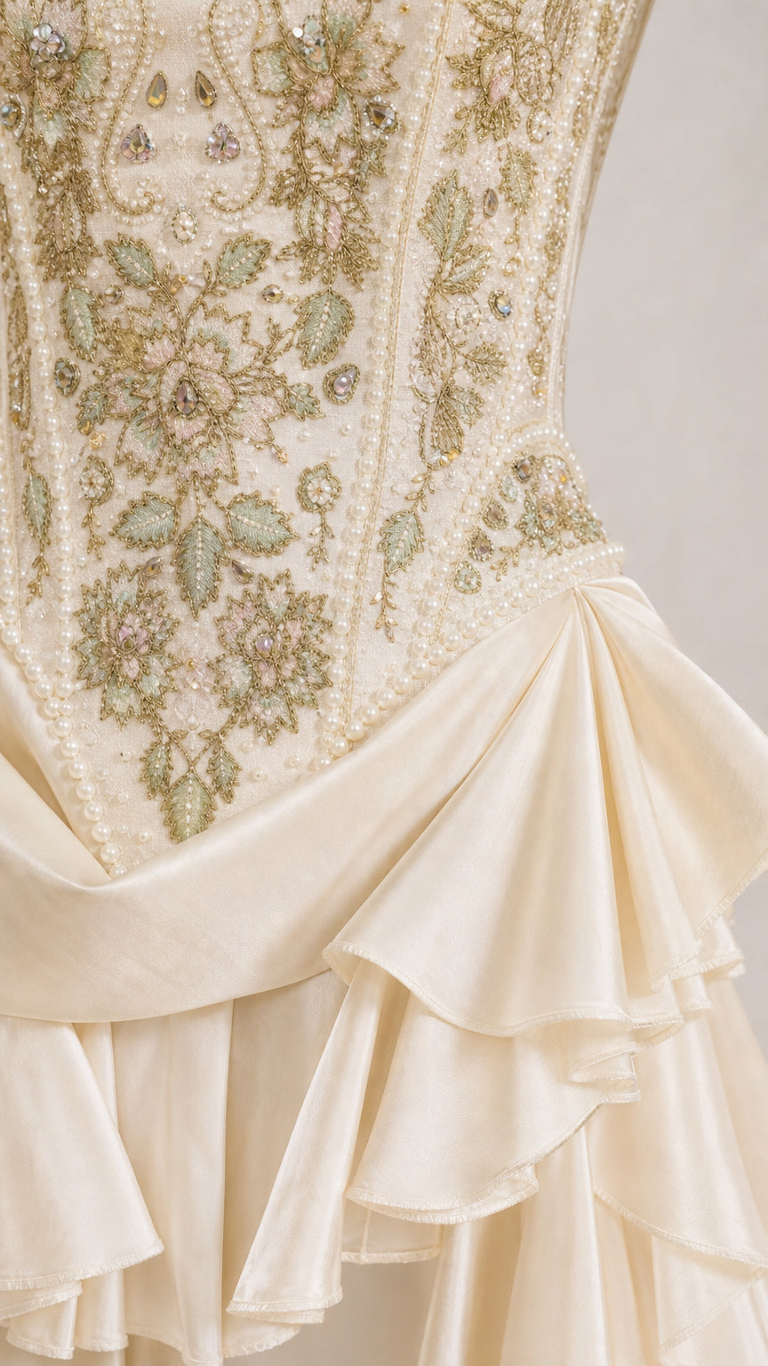 Close-up detail of the metallic embroidery and beadwork on the bodice
