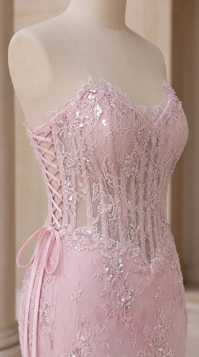 Close-up of bodice, lace embroidery, and sequins
