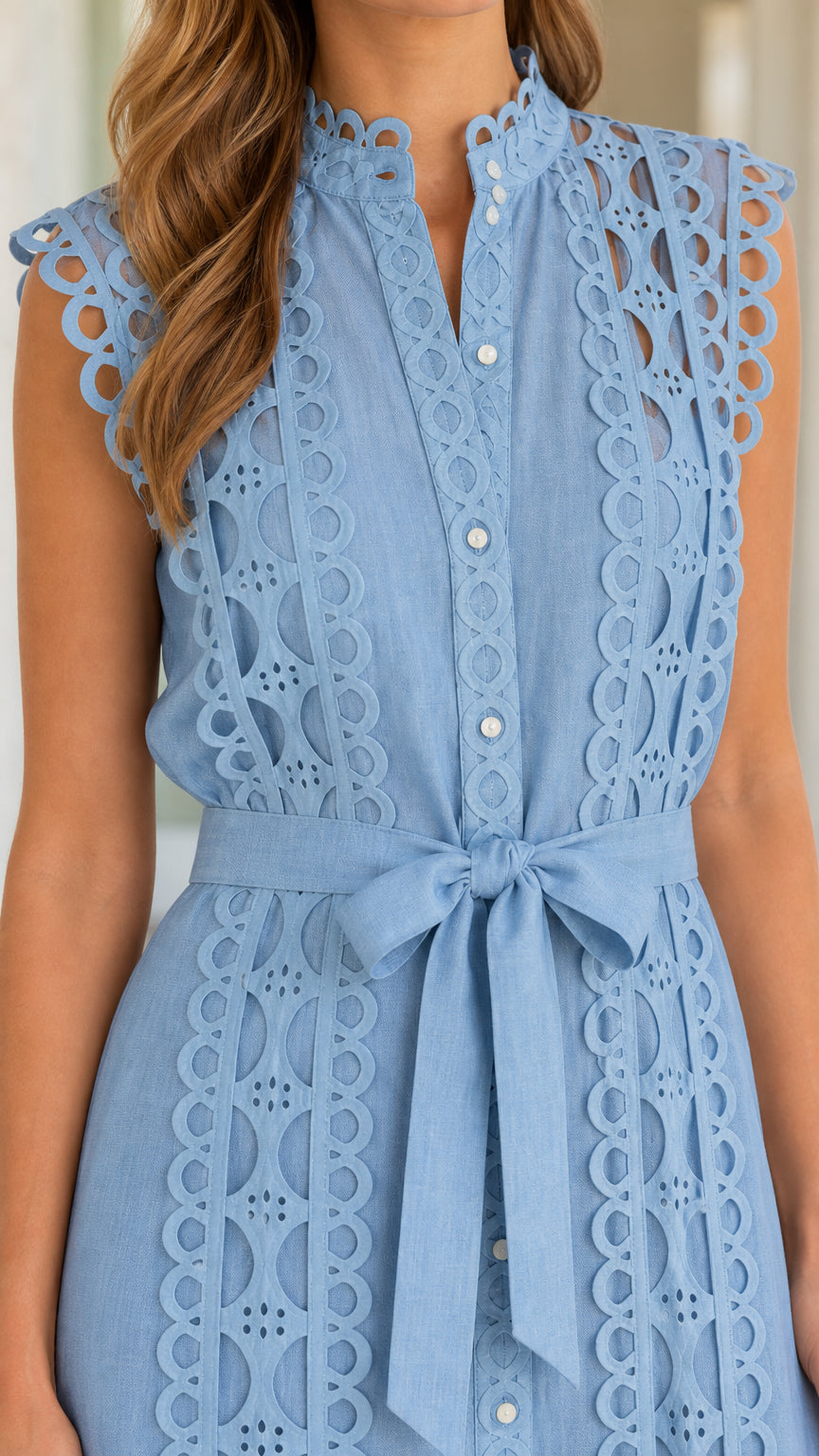 Women's Sleeveless Eyelet Lace Midi Dress with Self-Tie Belt