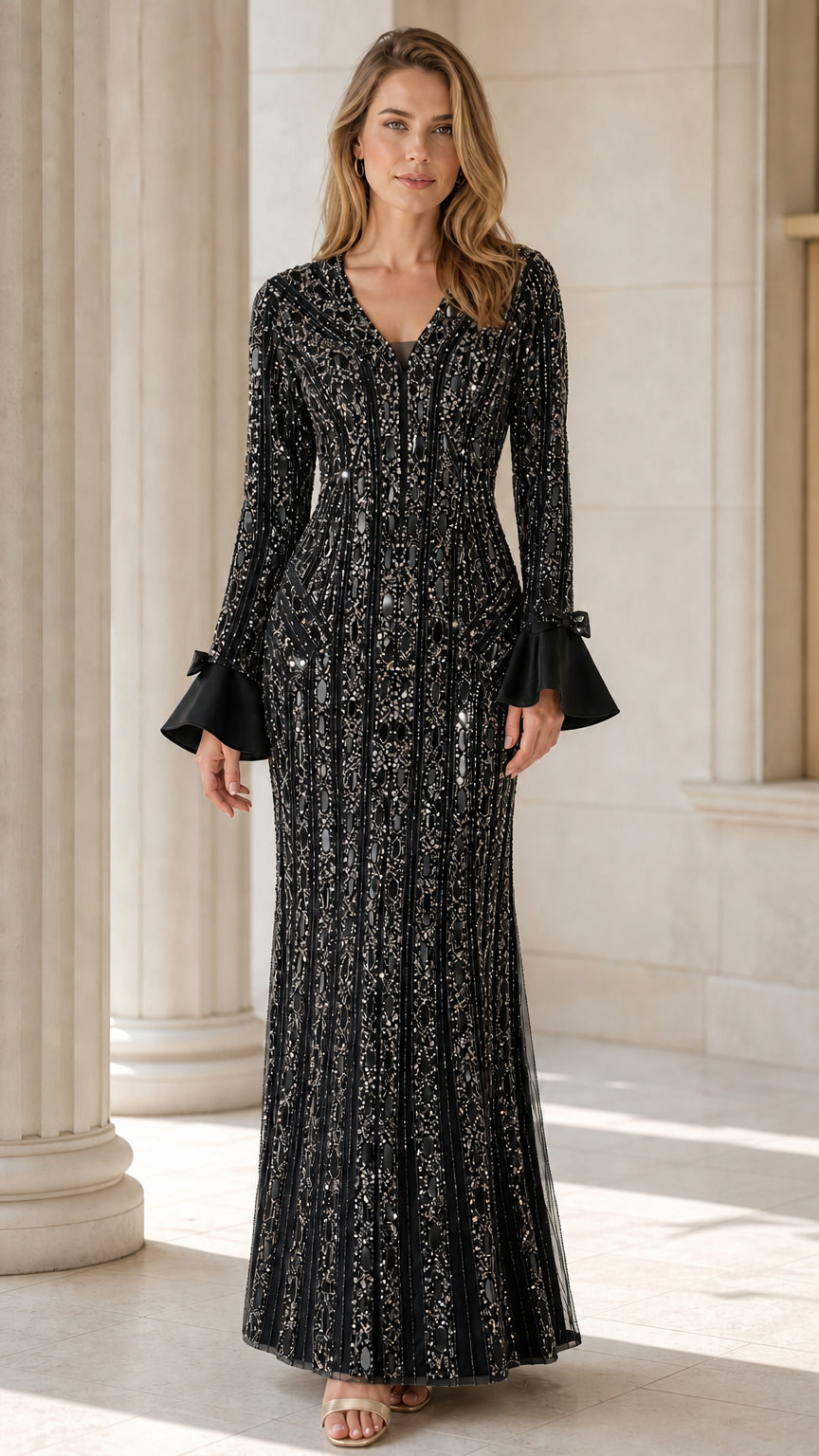 Front view of black sequin evening gown