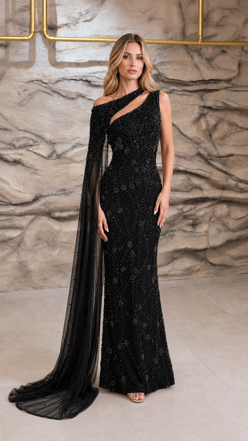 Black color variant of one-shoulder beaded evening dress