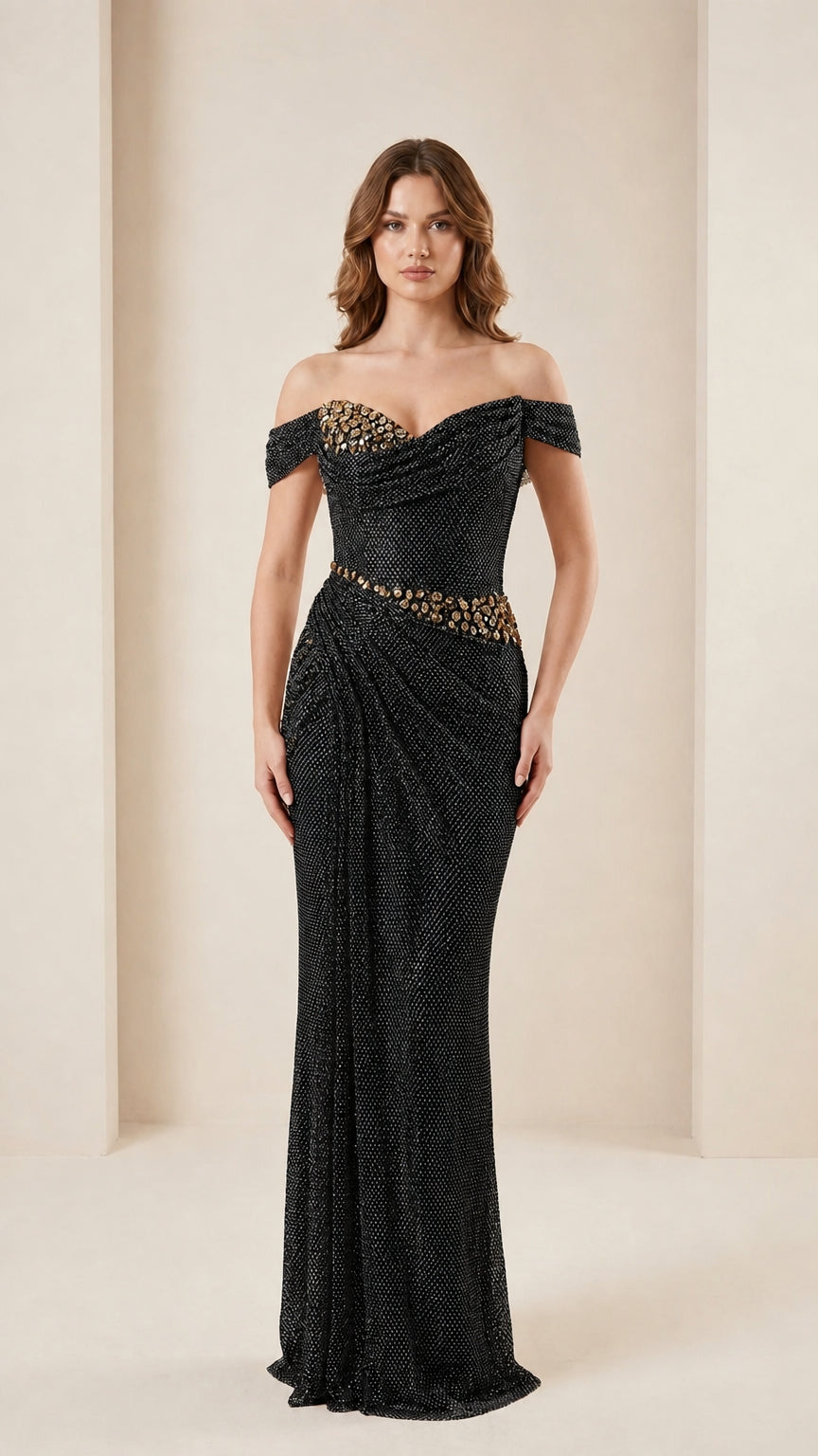 Front view of black color variant of the evening gown