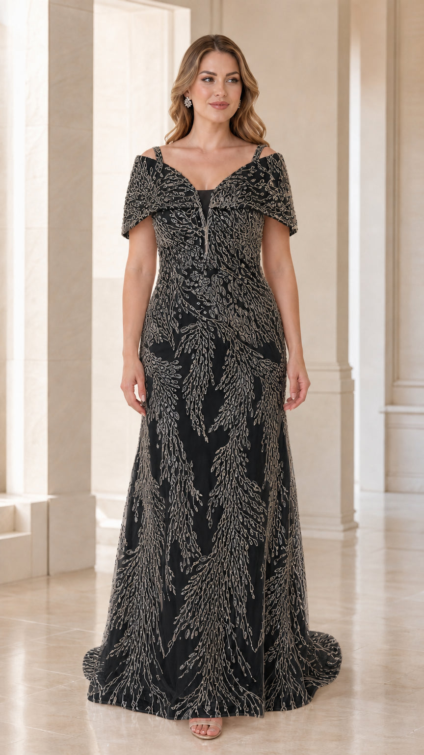 Full view of black color variant featuring intricate silver embroidery