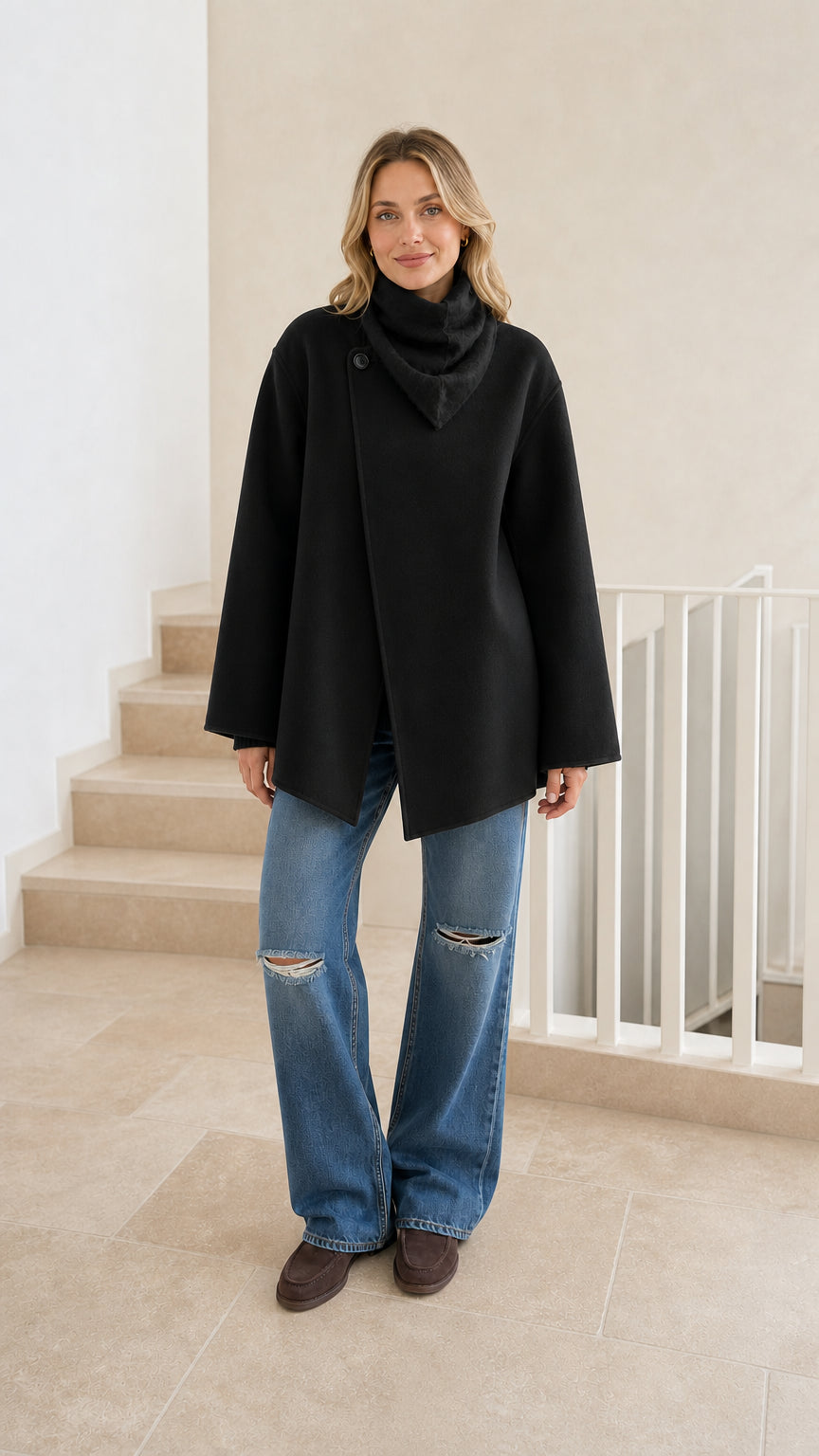 Front view of woman wearing black asymmetrical cowl neck jacket