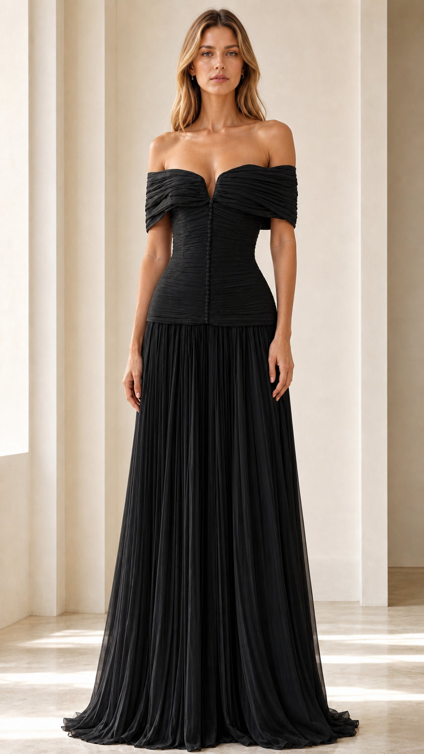 Front view of black off-shoulder pleated corset maxi dress
