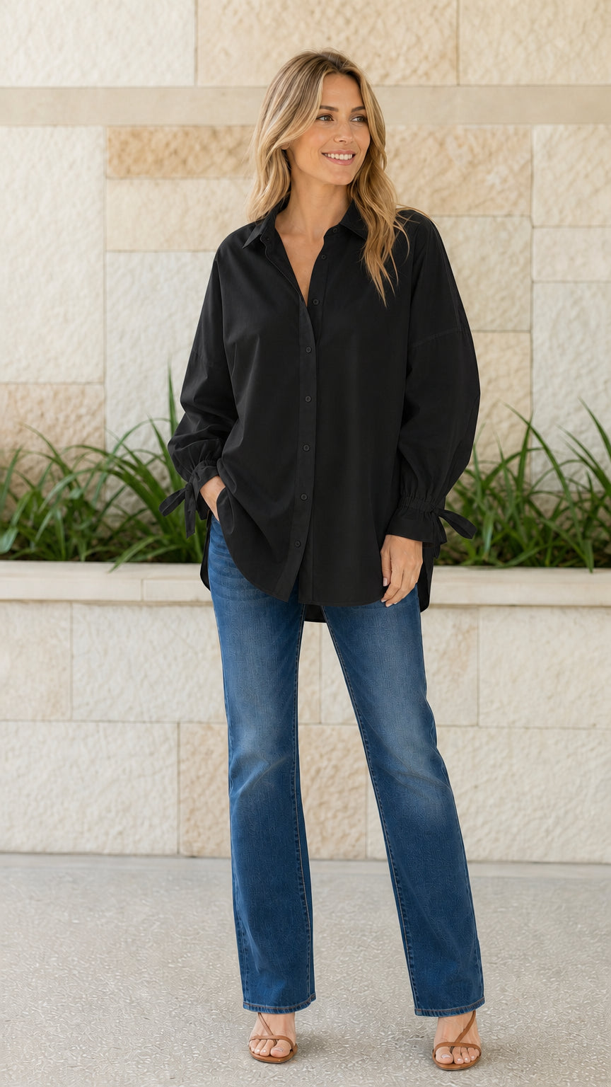 Women's Casual Oversized Button-Down Shirt with Tie Cuffs