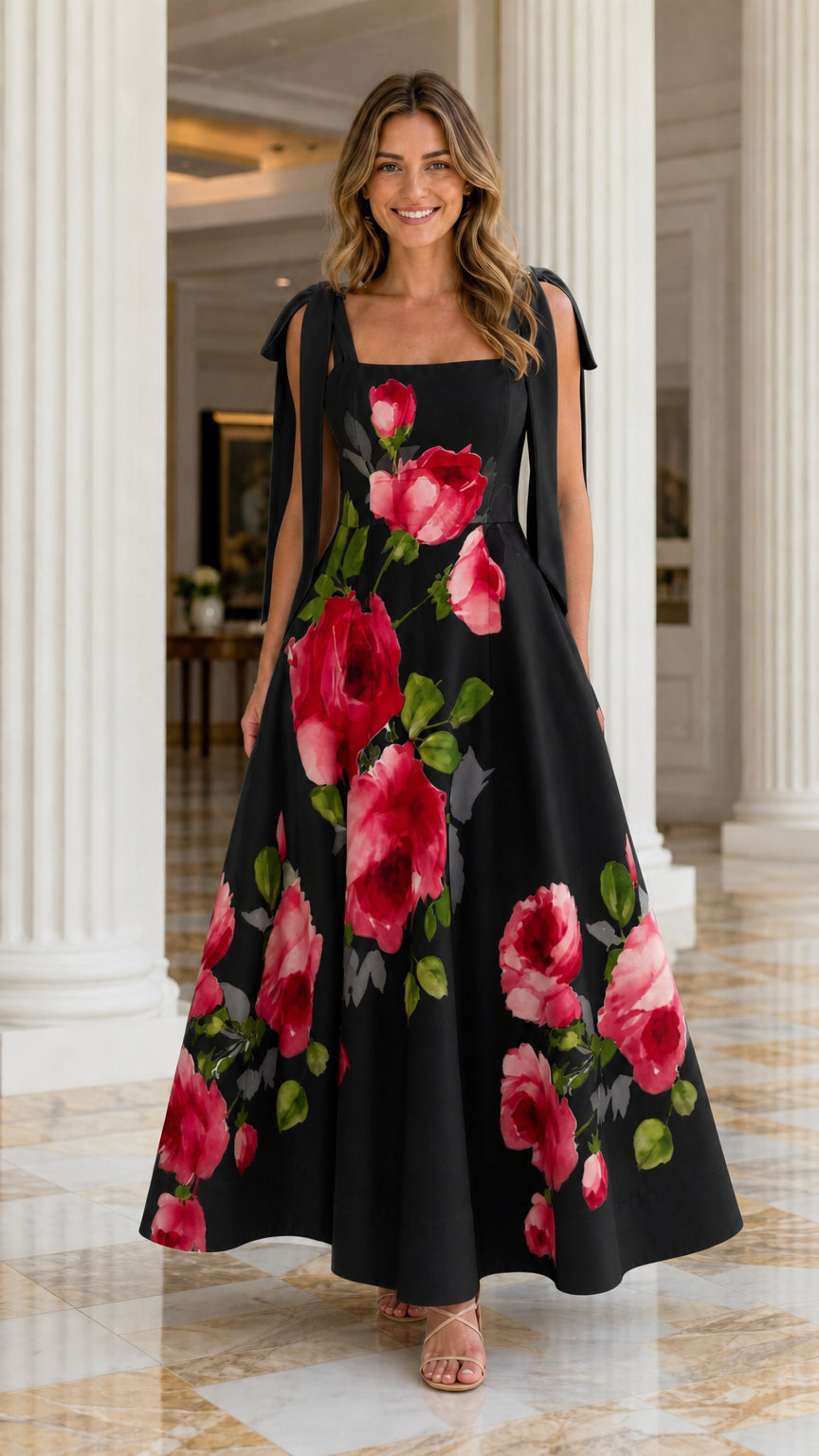 Women's Elegant Floral Print Tie-Strap Maxi Dress