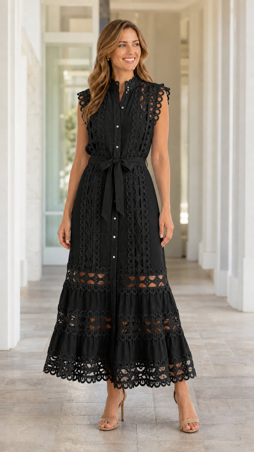 Women's Sleeveless Eyelet Lace Midi Dress with Self-Tie Belt