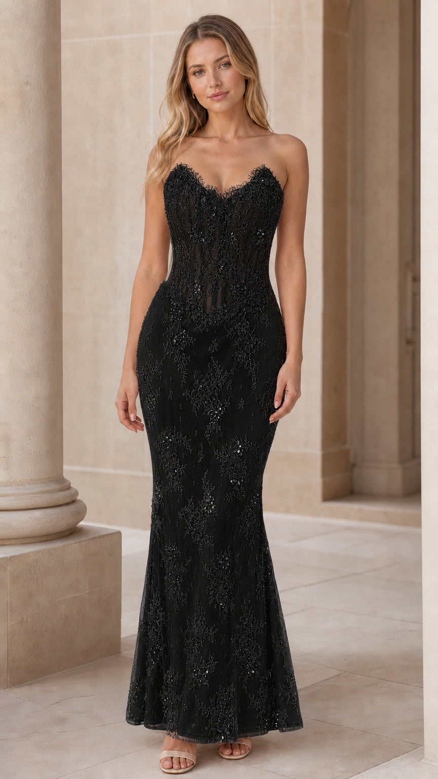 Black color variant of the strapless lace mermaid evening dress