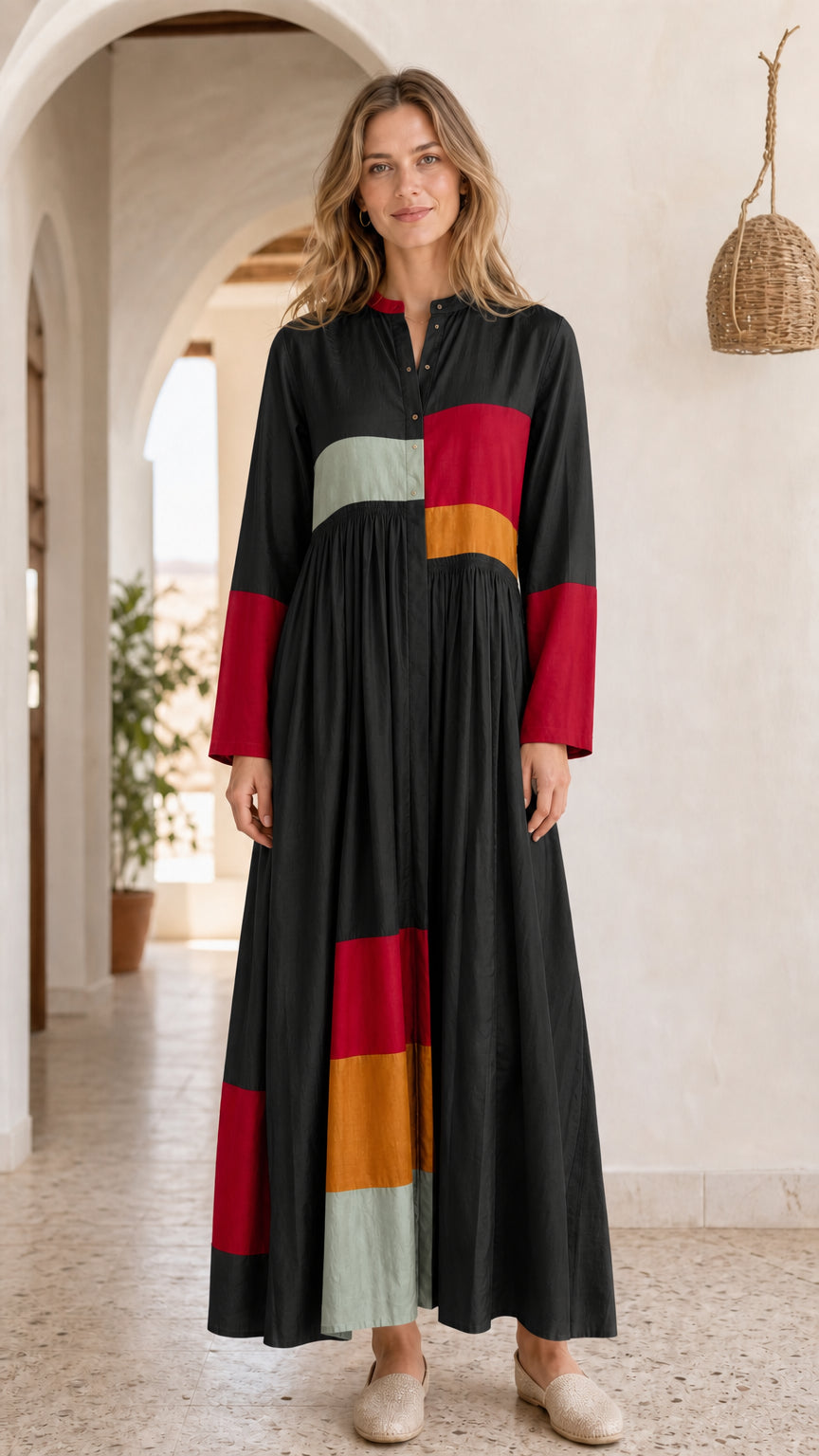 Bohemian Colorblock Long Sleeve Maxi Dress