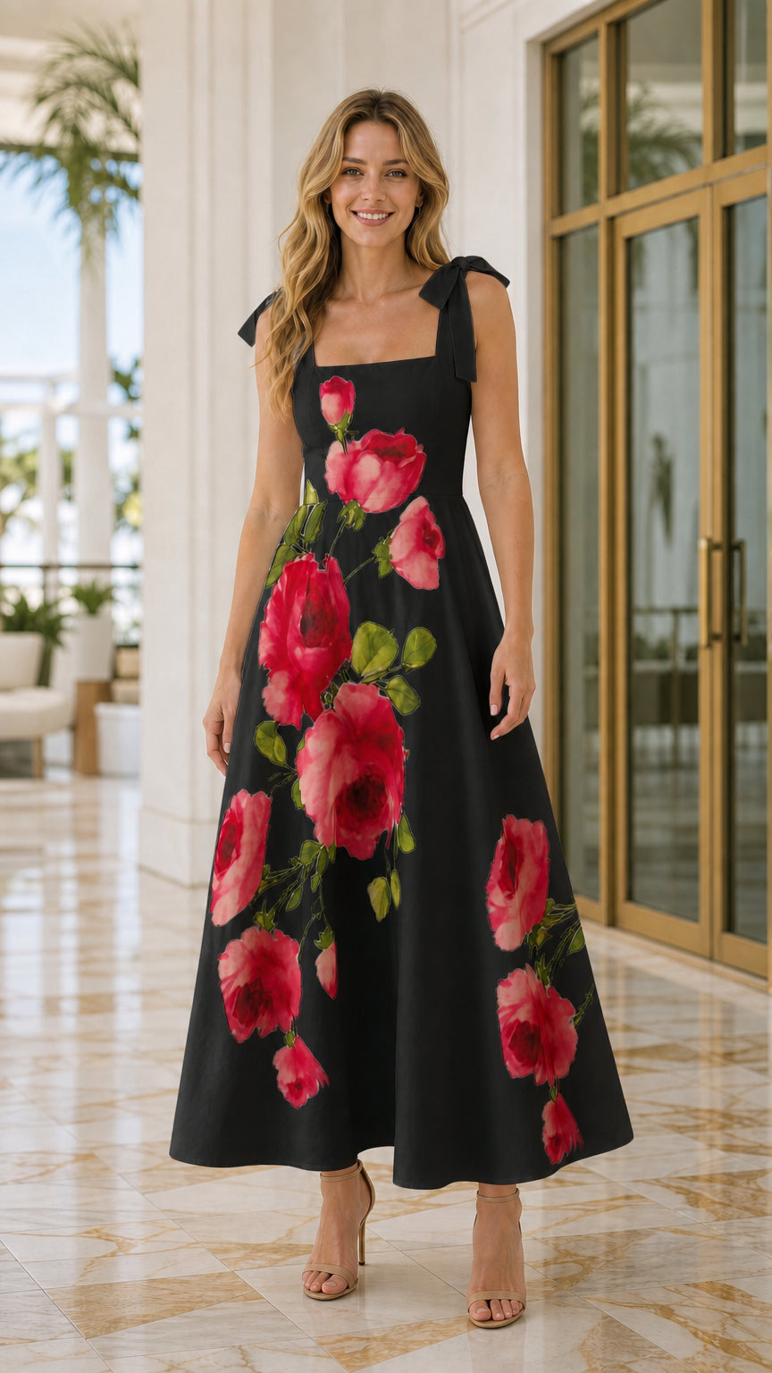 Women's Square Neck Floral Print Tie-Strap Maxi Dress